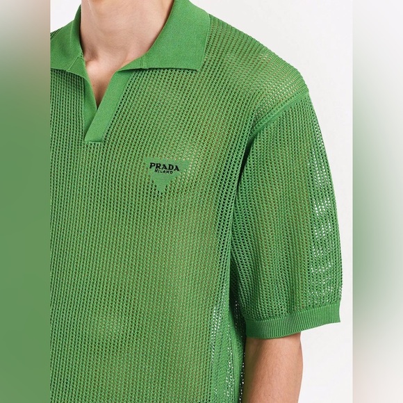 Prada Mesh Knit Polo Shirt Mens Collared Green Sheer Cutout - Picture 4 of 14